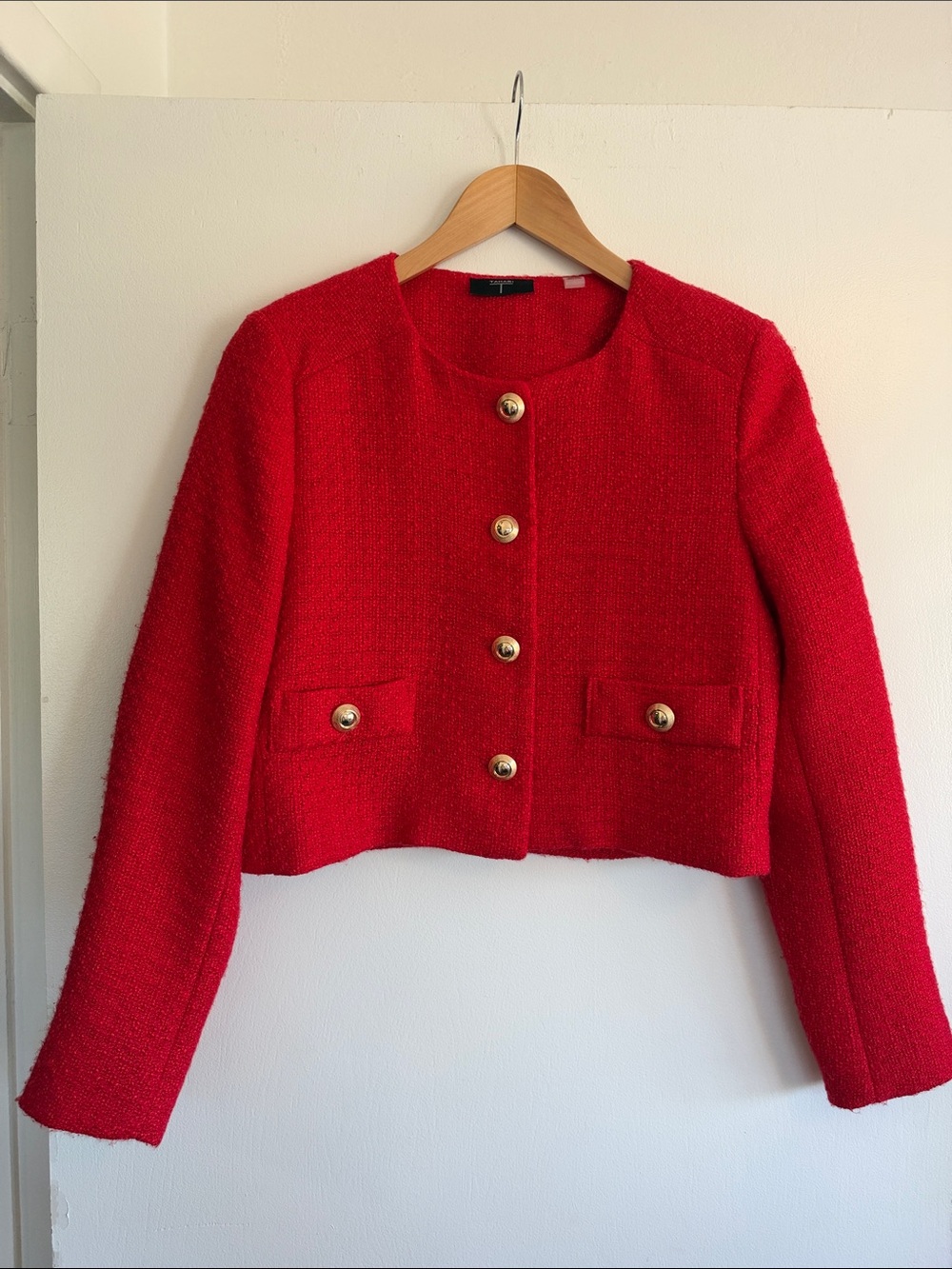Tahari Red Bouclé Cropped Blazer with Gold Buttons